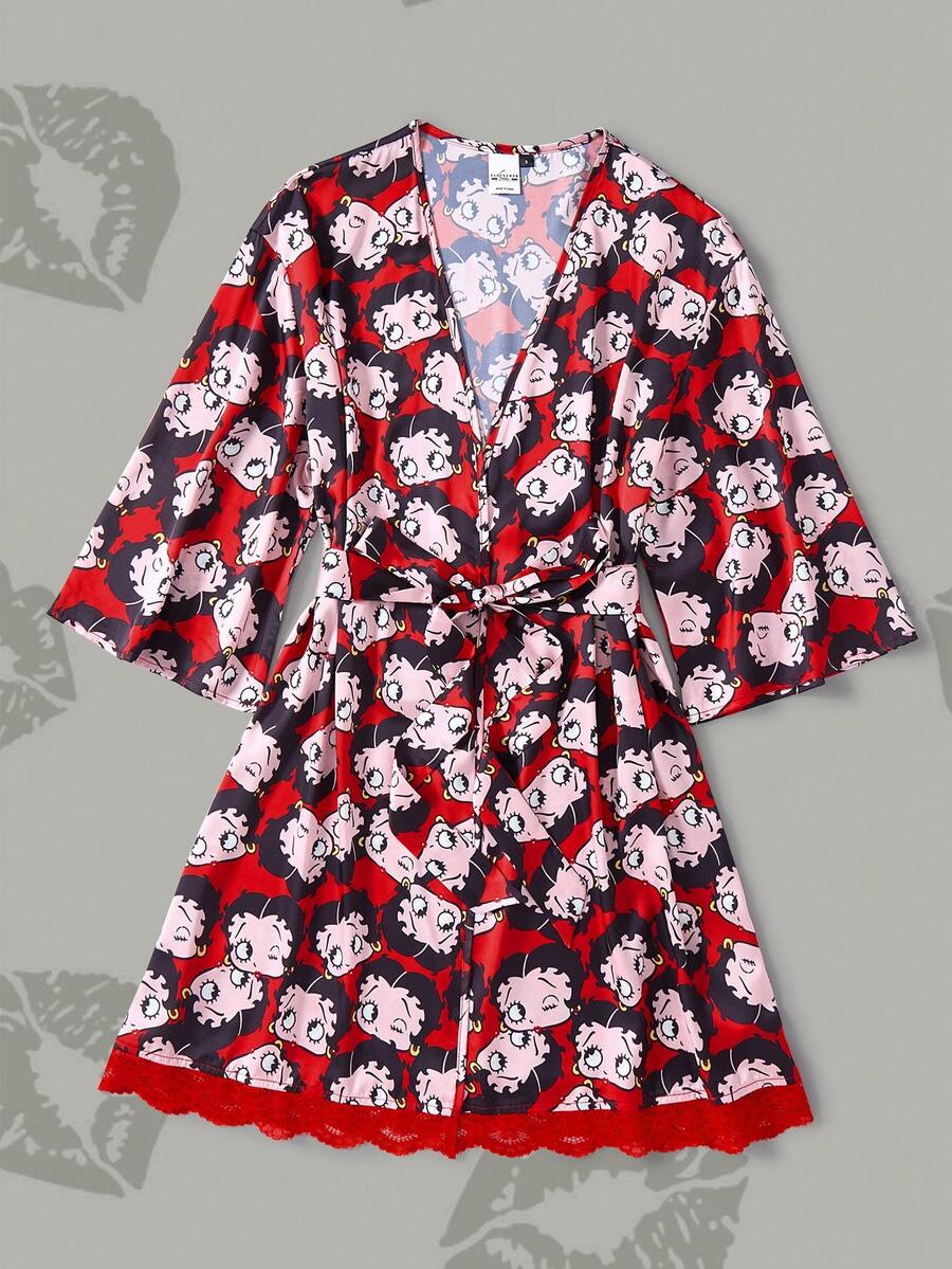 Betty Boop x SHEIN Women's Cartoon Figure Graphic Belted Comfortable Robe - Red - View 1