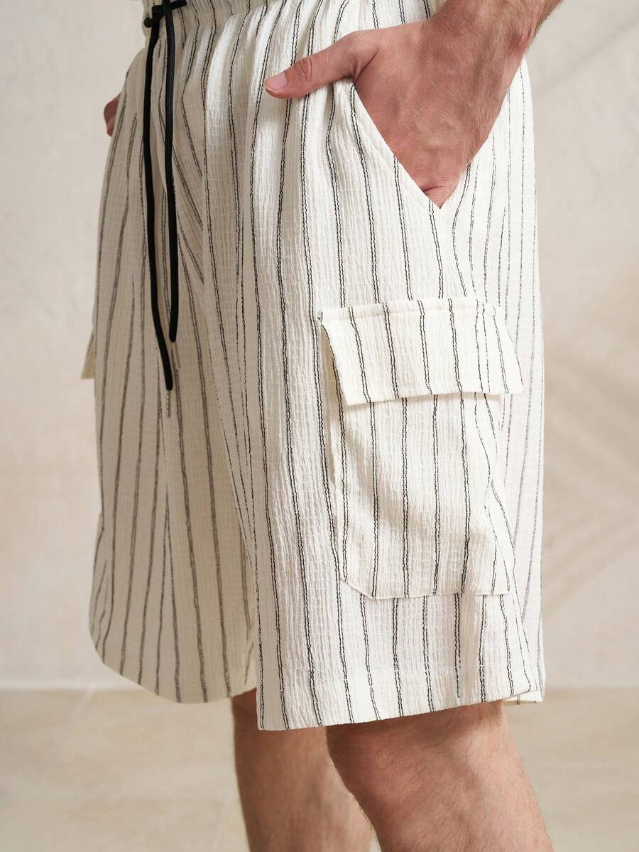 Airaco Men's Drawstring Waist Striped Cargo Pocket Casual Shorts - White - View 1