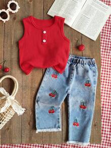 2pcs Girls Cute Summer Knit Camisole And Heart Pattern Elastic Waist Denim Jeans Set