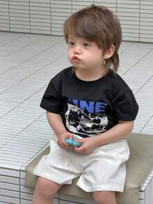 DAZY 男嬰圓領對比色英文字母印花短袖上衣 夏季幼兒 - 黑色 - 查看 1