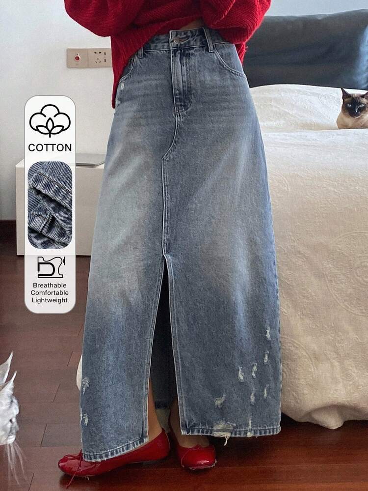 Women's Casual Slit Maxi Denim Skirt, Streetwear Style