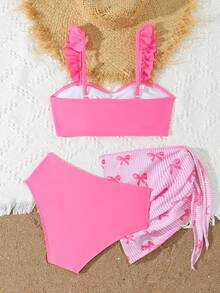 SHEIN 少女夏季沙滩纯色荷叶边吊带背心上衣和吊带泳裤套装，含迷你裙 - 粉色 - 查看 8