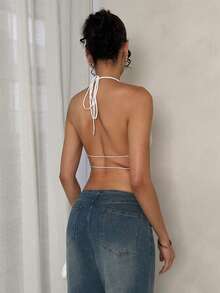 SHEIN Glamour 亮片装饰性感露背系带吊带背心，女士夏季款 - 白色 - 查看 2