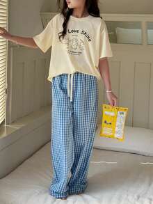 DAZY 2pcs/Set Tween Girls Crew Neck Printed Short Sleeve T-Shirt + Plaid Pajama Pants Loungewear Set, Fall - Beige - View 5