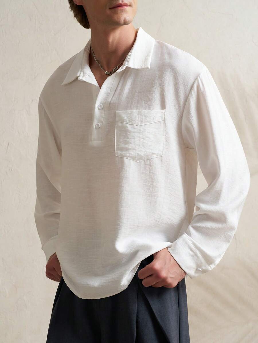 Airaco 男士宽松亚麻薄纱长袖衬衫 - 白色 - 查看 1