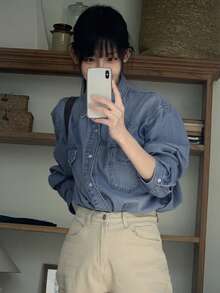 DAZY 復古風領口單排扣寬鬆百搭雙口袋長袖女款牛仔上衣 - 中等水洗藍 - 查看 8
