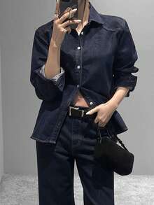 DAZY Loose Long Sleeve Stylish Fashionable Retro Denim Blouse For Women - Dark Wash - View 4