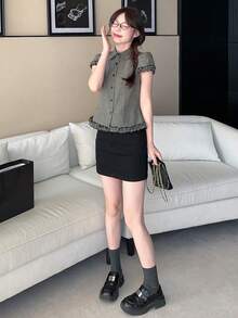 DAZY Women's Plaid Casual Short Sleeve Korean Style Blouse Summer - Black - View 6