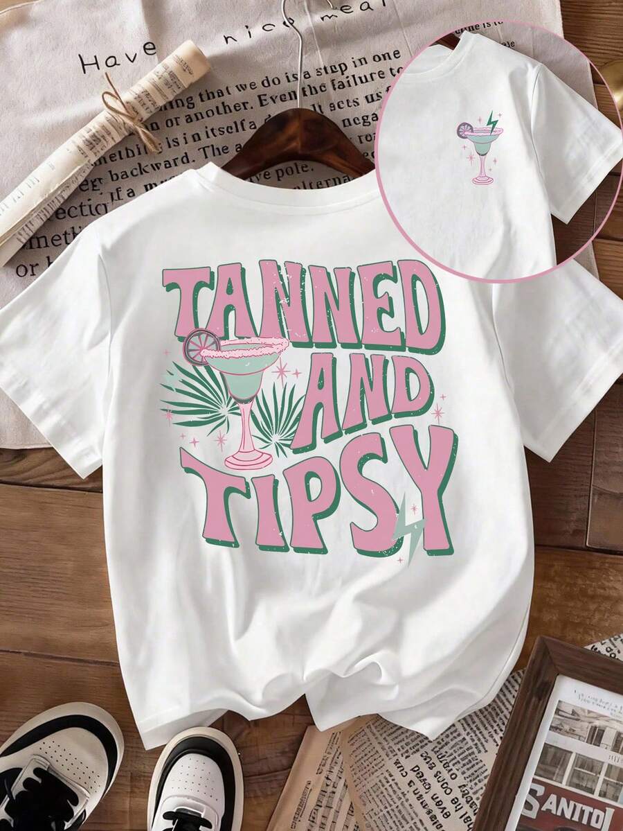 INAWLY 女士圆领字母和杯形印花休闲百搭日常短袖T恤 - 白色 - 查看 1