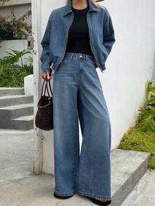 DAZY Women's Denim Jacket With Collar & Zipper And Loose Straight-Leg Jeans Casual Suit - Medium Wash - View 7