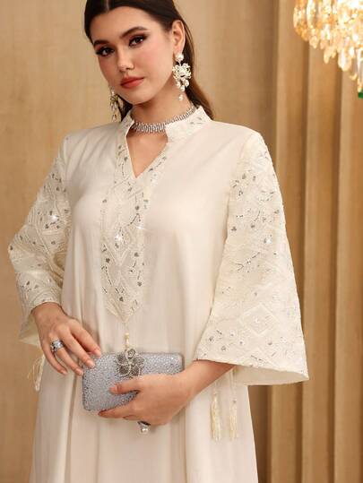 SHEIN Najma 女士阿拉伯风格连衣裙，立领，布料拼接，流苏装饰，喇叭形七分袖