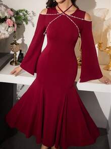 Modelyn Đầm chữ A cổ tròn, trễ vai, phối ruy băng, thắt chéo, tay loe, eo thon dành cho nữ - Màu Đỏ Sâu - Xem 3