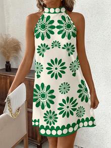 SHEIN Clasi Đầm ngắn nữ in hoa cổ yếm, kiểu dáng thường ngày, thích hợp cho kỳ nghỉ hoặc hẹn hò. - Nhiều màu - Xem 5