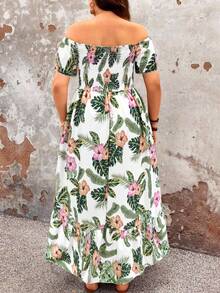 Vestido de playa de verano con estampado tropical, hombro descubierto, Body fruncido y cintura con lazo para mujeres de talla - Multicolor - Ver 2