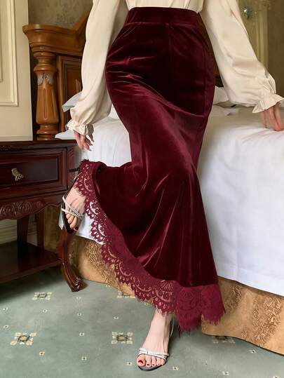 DAZY Women's Elegant High Waist Contrast Lace Velvet Fishtail Hem Skirt, Autumn/Winter