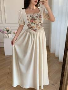 Celisse Women's Floral Jacquard Patchwork Midi Dress With Puff Sleeves, Elegant Romantic Wedding Day Party Date Beige Summer - Apricot - View 3