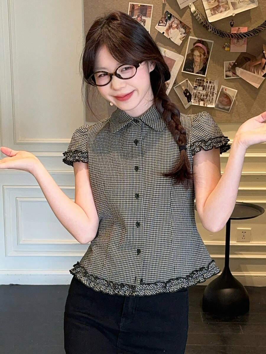 DAZY Women's Plaid Casual Short Sleeve Korean Style Blouse Summer - Black - View 1