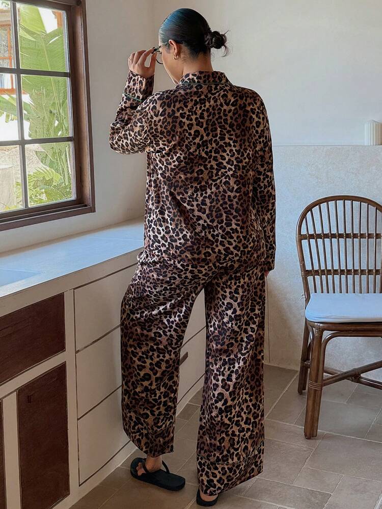 Dazy Plus Plus Size Women Leopard Print Loose Long Sleeve Top And Straight Leg Pants Pajama Set, Casual Loungewear For Spring And Autumn