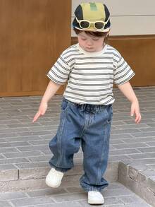 DAZY Pantalones vaqueros casuales de pierna ancha y suelta estilo coreano para niños pequeños - Azul - Ver 4