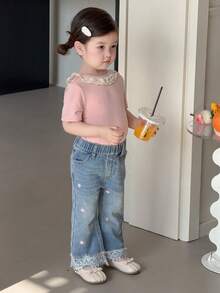 DAZY Baju Bayi Perempuan Model Denim Baru dengan Hiasan Renda dan Bordir, Gaya Korea, Motif Patchwork, dan Potongan Mengembang - Medium Wash - View 7