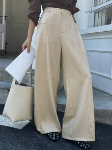 DAZY Women's Solid Color Button Casual Versatile Commuting Wide Leg Pants - Apricot - View 4
