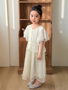 DAZY Girls (Small) V-Neck Sequin Korean Style Party Birthday Ruffled Hem Embellished Spring/Summer Dress - Apricot - View 3