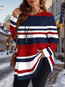 EMERY ROSE Casual Minimalist Colorblock Striped Round Neck Plus Size T-Shirt, Autumn/Winter Patriotic Women Red White And Blue Women Nautical For Women Red White And Blue Top Striped Long Sleeve T-Shirt - Multicolor - View 1