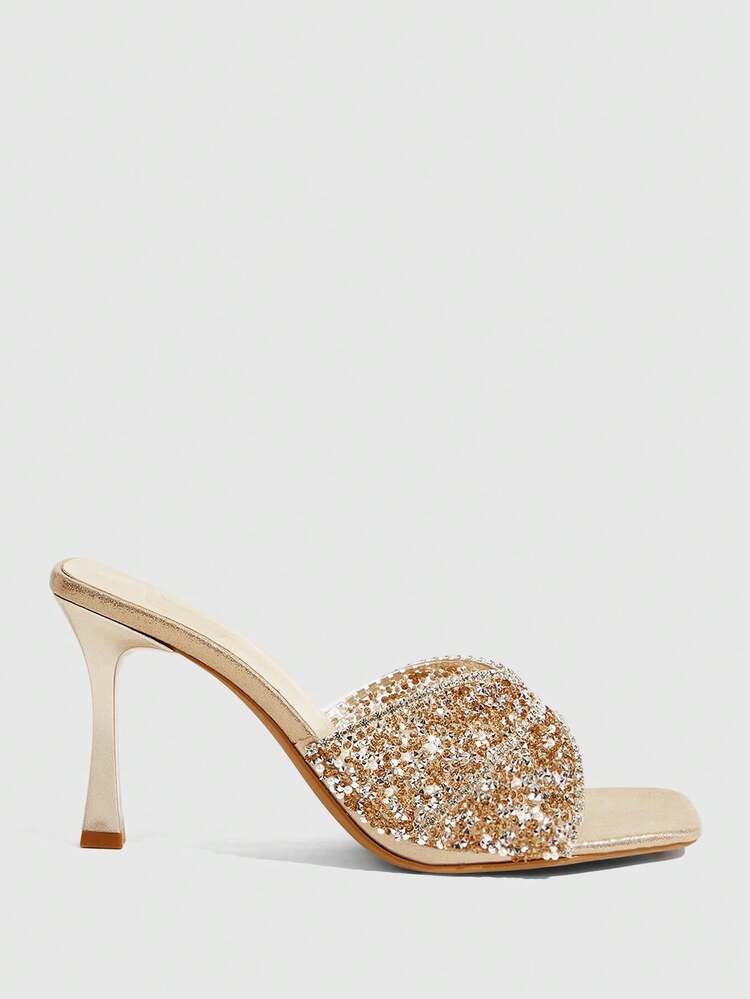 CUCCOO TILAWA Fashionable Square Toe Stiletto High Heel Champagne Color Full Rhinestone Transparent Jelly One-Piece Slip-On Sandals, Elegant Sexy Party Heels For Women Valentine's Day