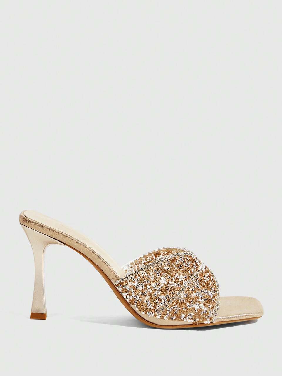 CUCCOO TILAWA Fashionable Square Toe Stiletto High Heel Champagne Color Full Rhinestone Transparent Jelly One-Piece Slip-On Sandals, Elegant Sexy Party Heels For Women Valentine's Day Summer Shoes