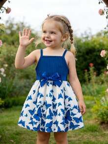 1件女婴夏季新款藏蓝色罗纹蝴蝶印花荷叶边下摆简约时尚可爱甜美无袖度假休闲连衣裙 - 藍色 - 查看 1