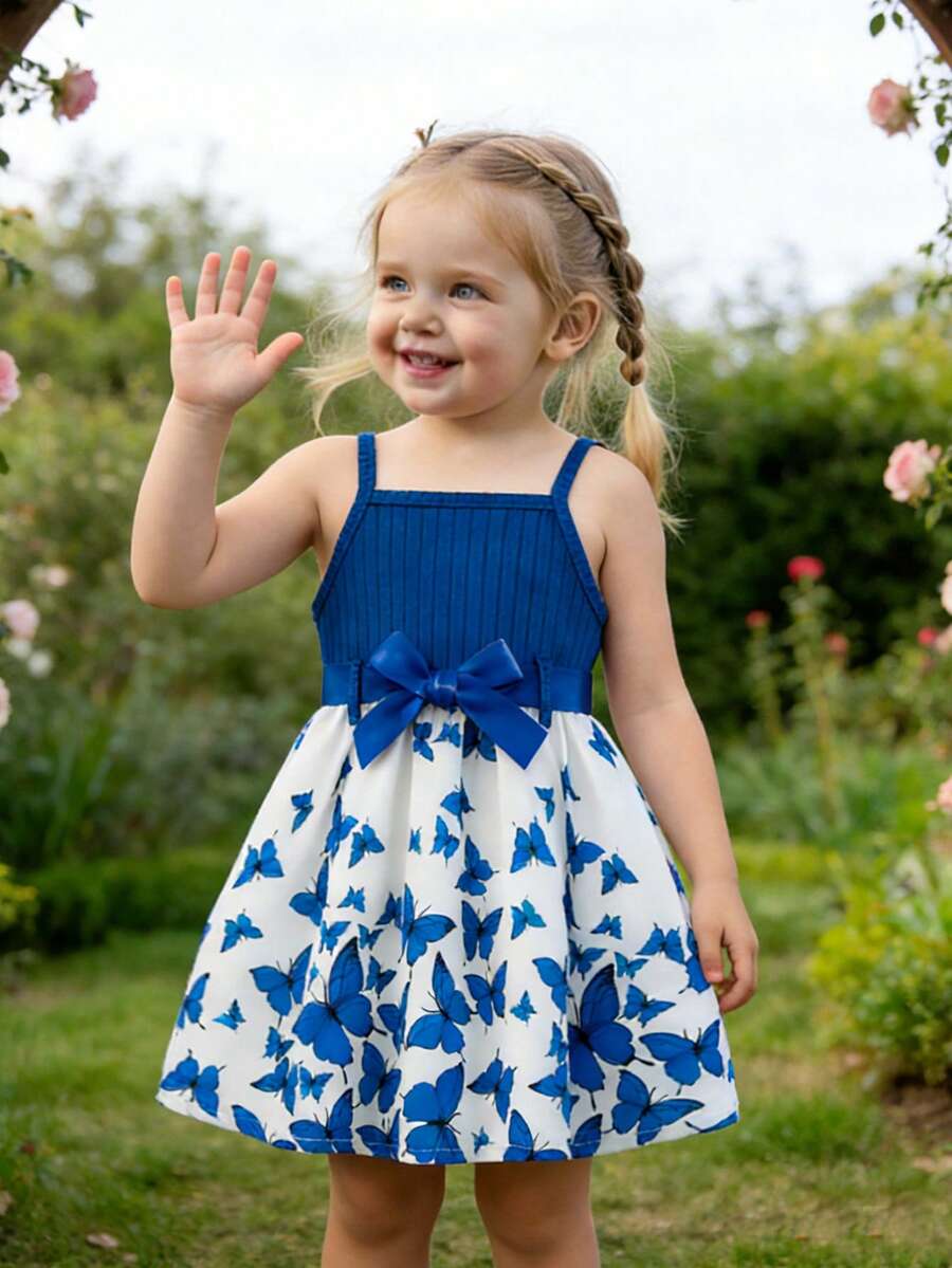 1件女婴夏季新款藏蓝色罗纹蝴蝶印花荷叶边下摆简约时尚可爱甜美无袖度假休闲连衣裙 - 藍色 - 查看 1