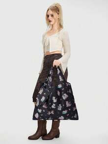 ROMWE Kawaii Bolso de tote plegable de gran capacidad con estampado de corazones y notas musicales de moda, bolso de compras portátil con monedero - Gato líder - View 8