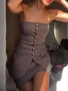 Siren Gaze 新款女士条纹抹胸上衣和迷你裙套装，优雅女士两件套，适合通勤 - 棕色 - 查看 10