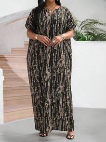 SHEIN Lady Vestido largo holgado de mujer con cuello en V, mangas cortas tipo murciélago y estampado total - Multicolor - Ver 1