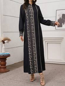 Al Najma 黑色优雅几何印花宽松阿拉伯风格连衣裙 - 黑色 - 查看 7