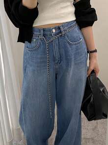 DAZY Vintage Blue High Waist Loose Straight Leg Draped Jeans For Women