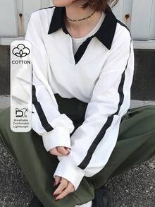 FRIFUL 女士宽松版型 Polo 领长袖撞色缎带拼接 T 恤 - 白色 - 查看 1