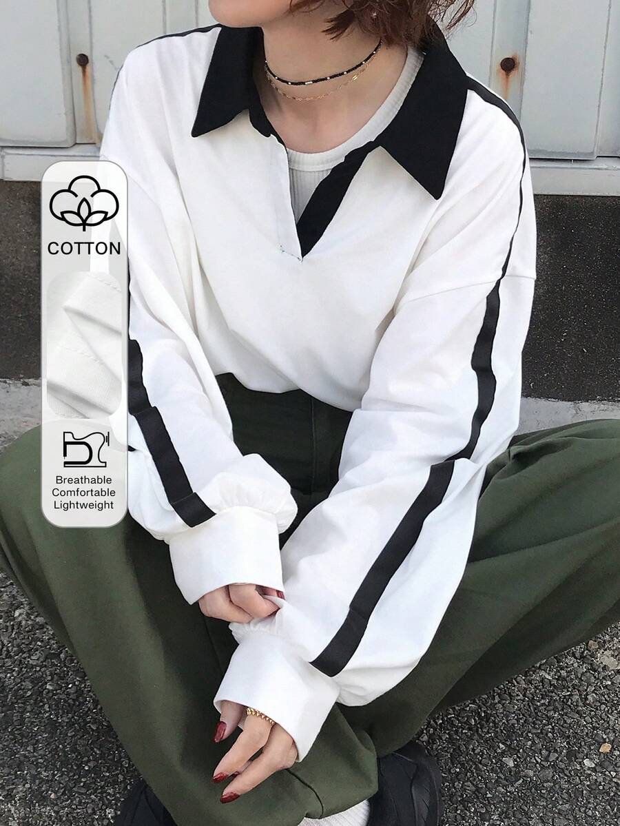 FRIFUL 女士宽松版型 Polo 领长袖撞色缎带拼接 T 恤 - 白色 - 查看 1