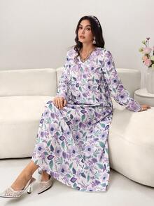 Yasmyna Damen elegantes Blumenprint-Kleid mit V-Ausschnitt, Glockenärmeln, Perlenbesatz und Bindegürtel, Urlaubsstil, Frühling/Herbst - Verschiedenfarbig - Übersicht 8