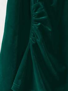 SHEIN Clasi Plus Size Women's Solid Color High Neck Bubble Sleeve Ruched Waist Elegant T-Shirt - Dark Green - View 3