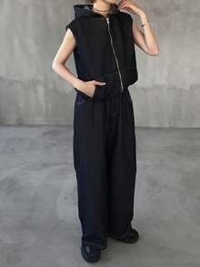 FRIFUL Women's Casual Fashion Street Style Sleeveless Zip-Up Hooded Jacket And Denim Jeans Set, Suitable For Spring, Summer, Autumn - Blue - View 5