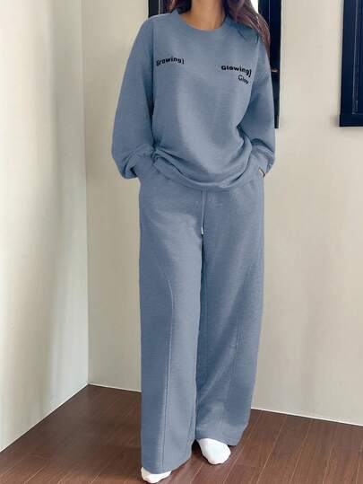 DAZY 2 st damer pyjamasset med bokstavstryck och dekoration, lös passform, tröja, höst/vinter