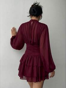 Aloruh Women's Elegant Multi-Layer Ruffle Trim Long Sleeve Fitted Mini Dress - Rose Red - View 2