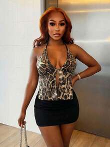 BamGleam Sequin Leopard Print Women Tank Top,Spring/Summer Fashionable Sexy Cheetah Glitter Lace Up Backless Camisole Tops,Y2K Young Vacation Sexy Avant-Garde Shiny Strap Crop Top,Sexy Party Outfits,Beach Camis,Casual Women's Beaded Blouse,Suitable For Music Festival,Travel, Gathering,Birthday,Holiday,Valentine's Day,Party/Club/Night Out/Rave Festival Clothes,Going Out Daily Wear - Brown - View 9