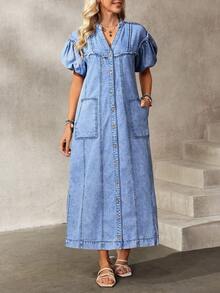 Breezaya Vestido de mezclilla holgado con cuello con muesca, mangas abultadas, bolsillo con abertura y botones, para uso casual y diario, verano - Azul - Ver 4