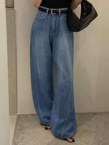 DAZY Vintage Blue High Waist Loose Straight Leg Draped Jeans For Women