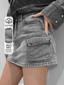 DAZY 时尚百搭工装口袋水洗牛仔迷你裙，女士款 - 灰色 - 查看 1