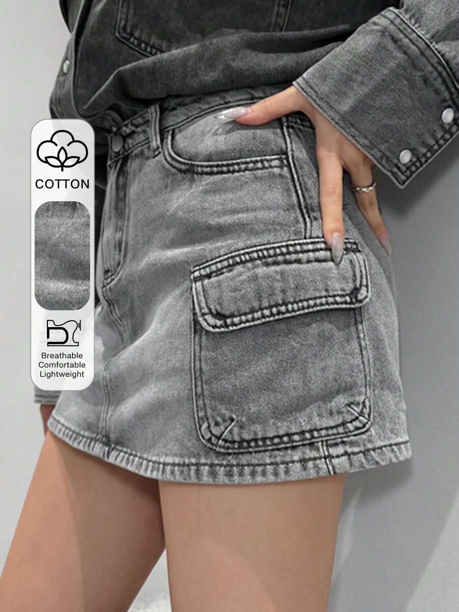 DAZY 时尚百搭工装口袋水洗牛仔迷你裙，女士款 - 灰色 - 查看 1