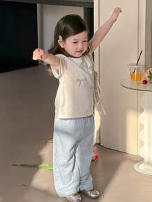 DAZY Baby Girls' Round Neck Bow Print Short Sleeve T-Shirt And Casual Loose Pants Set - White - View 6
