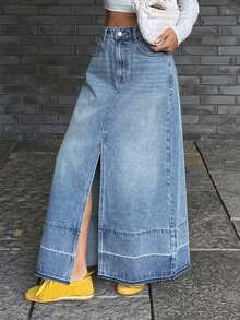 DAZY Women's Frayed Hem Slit Long Casual Denim Skirt Y2k - Medium Wash - View 5